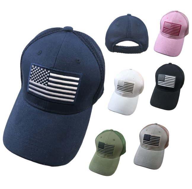 Solid Color Hat-Soft JERSEY Mesh Back with Embroidered Flag